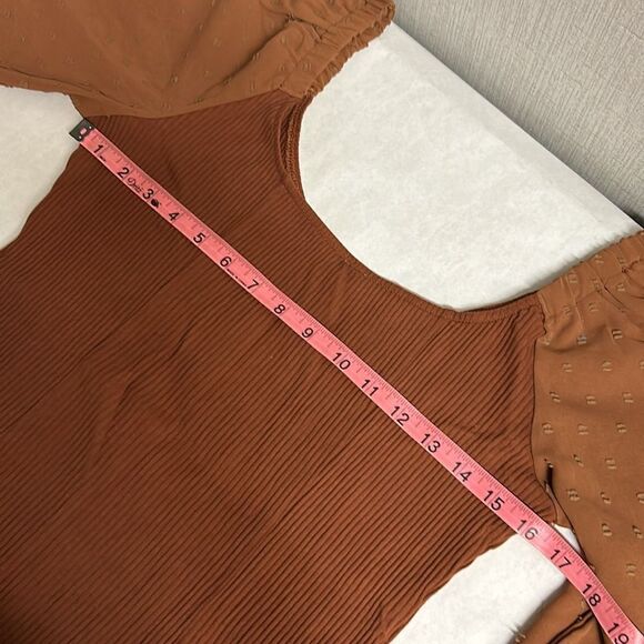 NWT ePretty Off Shoulder Ribbed Top Sz L Brown Stretch Long Sleeve Ruffled Cuff - Picture 8 of 8
